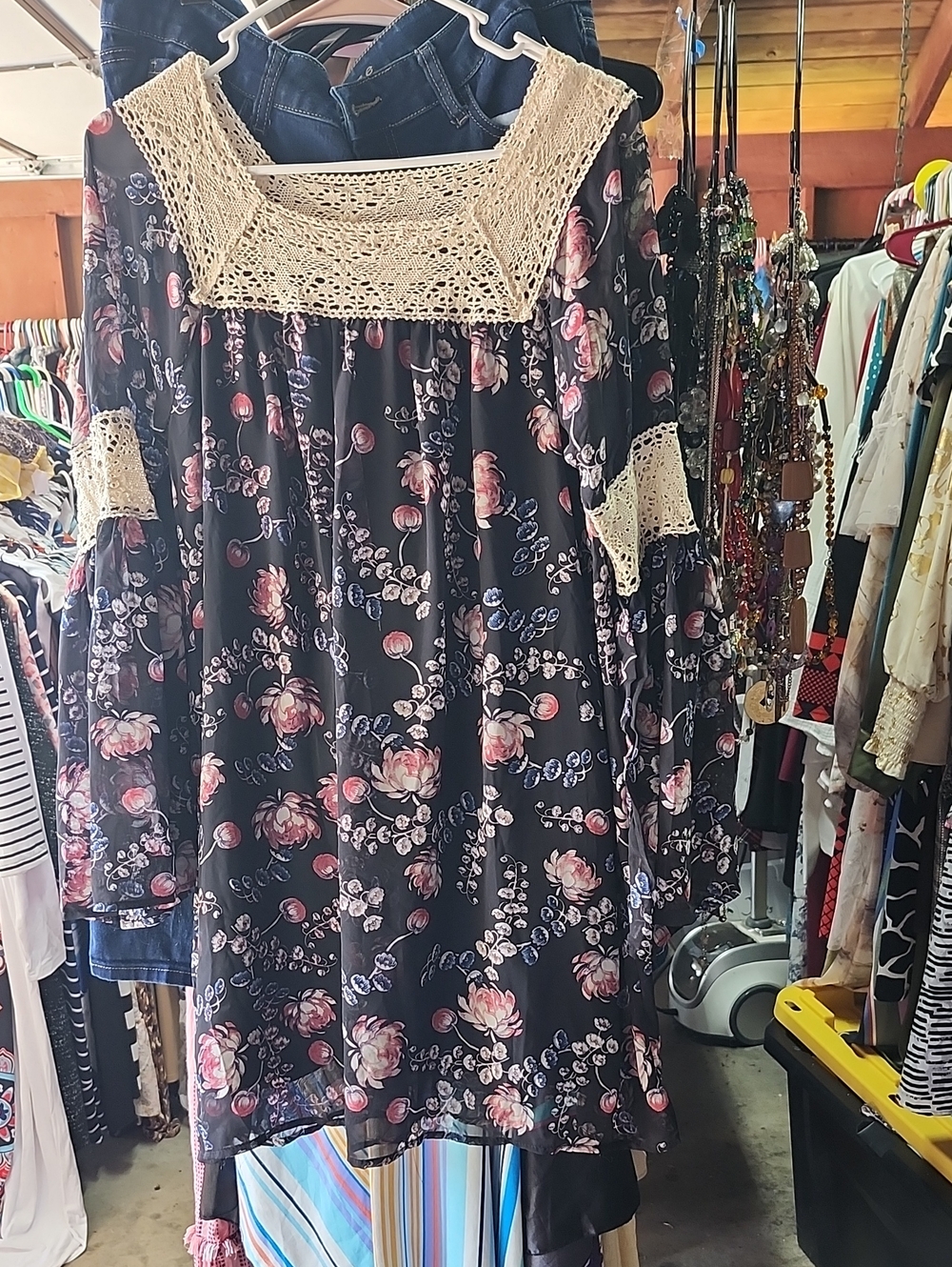 entro Black Floral Long Sleeve Dress with Cream Crochet Yoke Lined